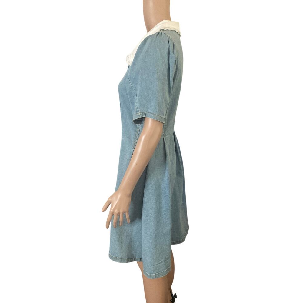 Vintage Denim Dress Womens Small Puff Sleeve Button Front Cottagecore Blue - Picture 7 of 8